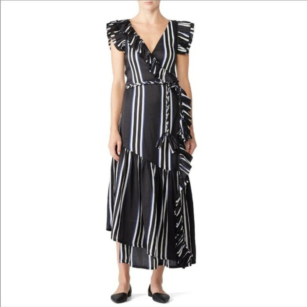 Apiece Apart  Costa Del Sol Ruffle Wrap maxi dress Linen Silk blend   striped W4